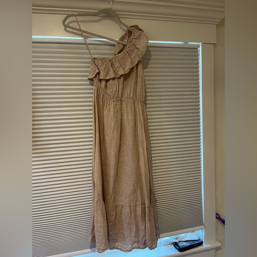 One shoulder long linen dress neutral colored brand new